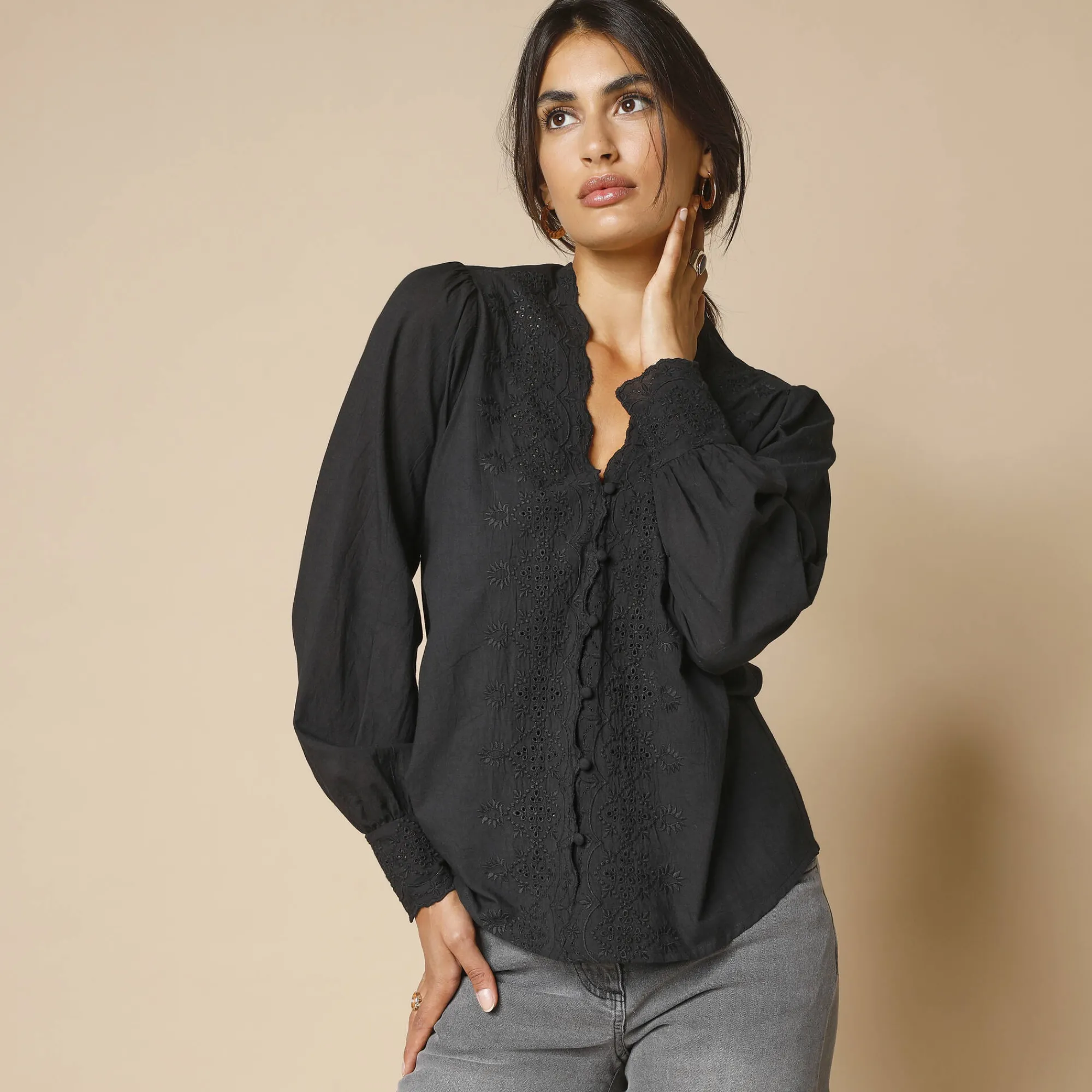 Feestoutfits Dames|Bloes En Tuniek<Blancheporte Bloes met broderie anglaise, katoen zwart
