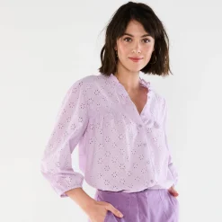 Bloes En Tuniek<Blancheporte Bloes met broderie anglaise, smokwerk en stroken aan de hals lila