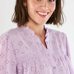 Bloes En Tuniek<Blancheporte Bloes met broderie anglaise, smokwerk en stroken aan de hals lila