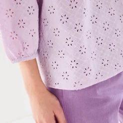 Bloes En Tuniek<Blancheporte Bloes met broderie anglaise, smokwerk en stroken aan de hals lila
