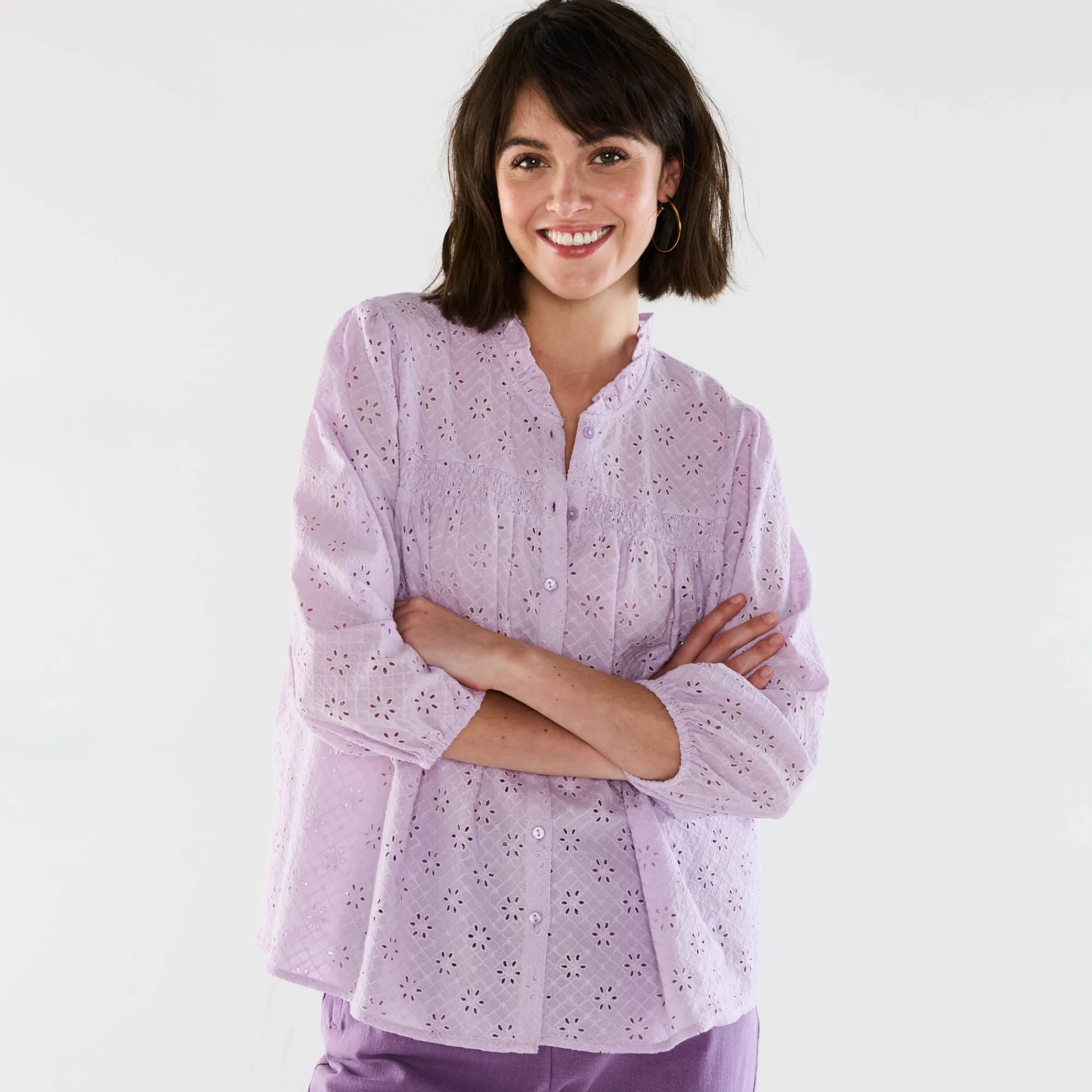 Bloes En Tuniek<Blancheporte Bloes met broderie anglaise, smokwerk en stroken aan de hals lila