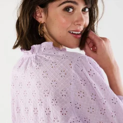 Bloes En Tuniek<Blancheporte Bloes met broderie anglaise, smokwerk en stroken aan de hals lila