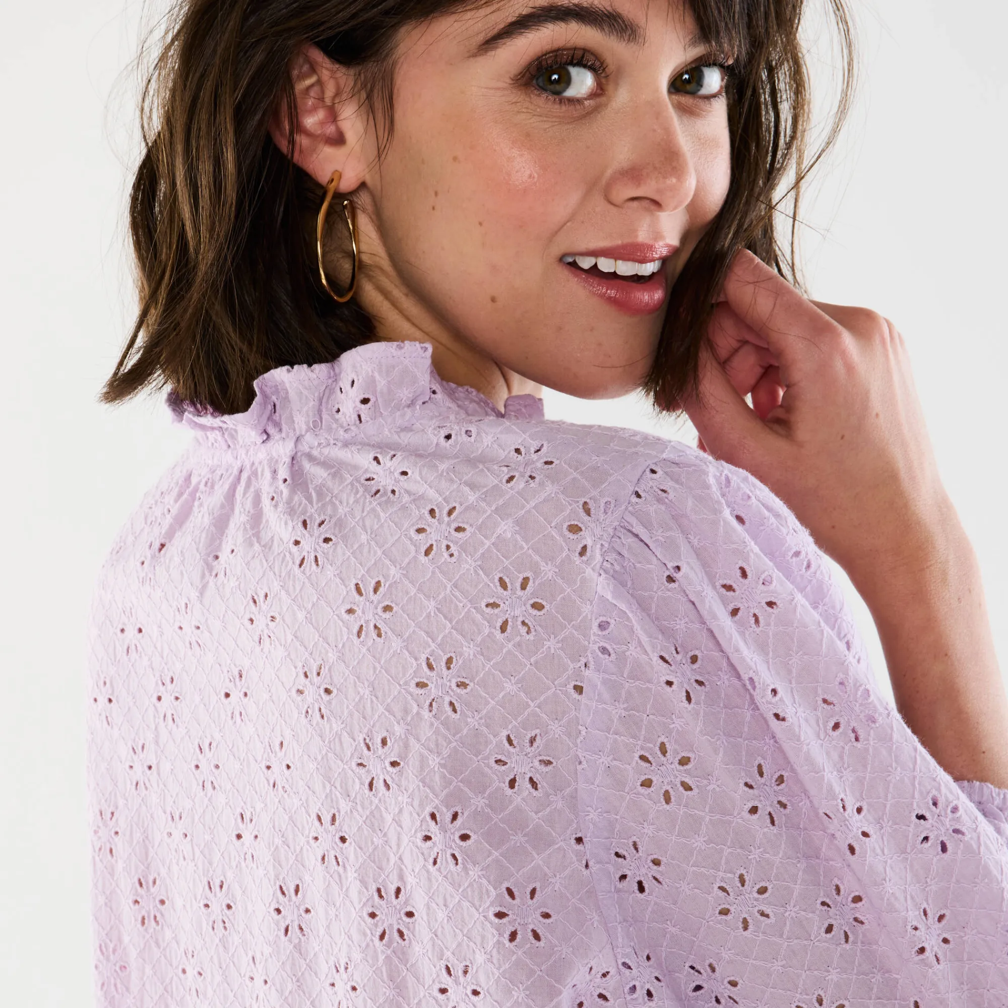 Bloes En Tuniek<Blancheporte Bloes met broderie anglaise, smokwerk en stroken aan de hals lila