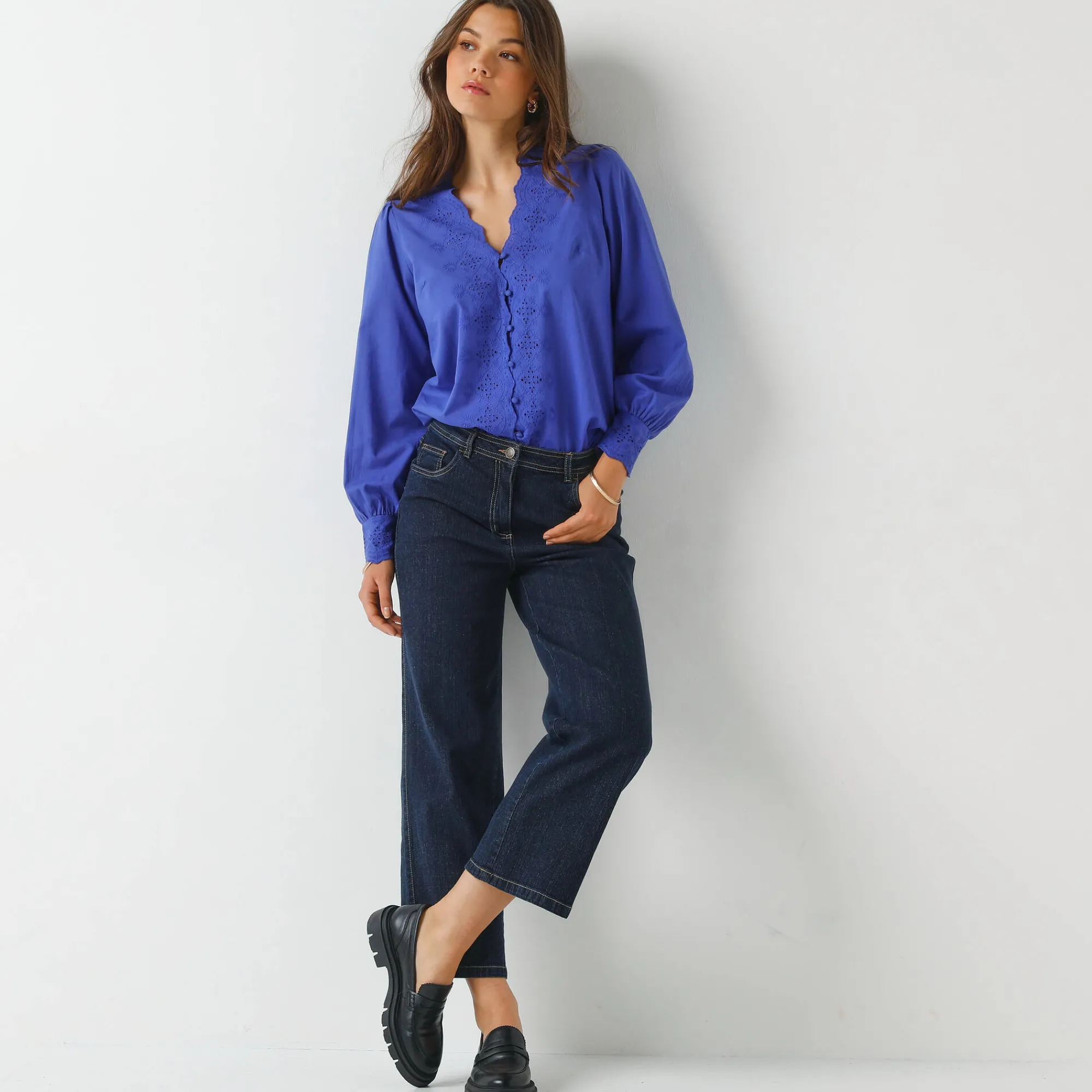 Bloes En Tuniek<Blancheporte Bloes met broderie anglaise, katoen felblauw