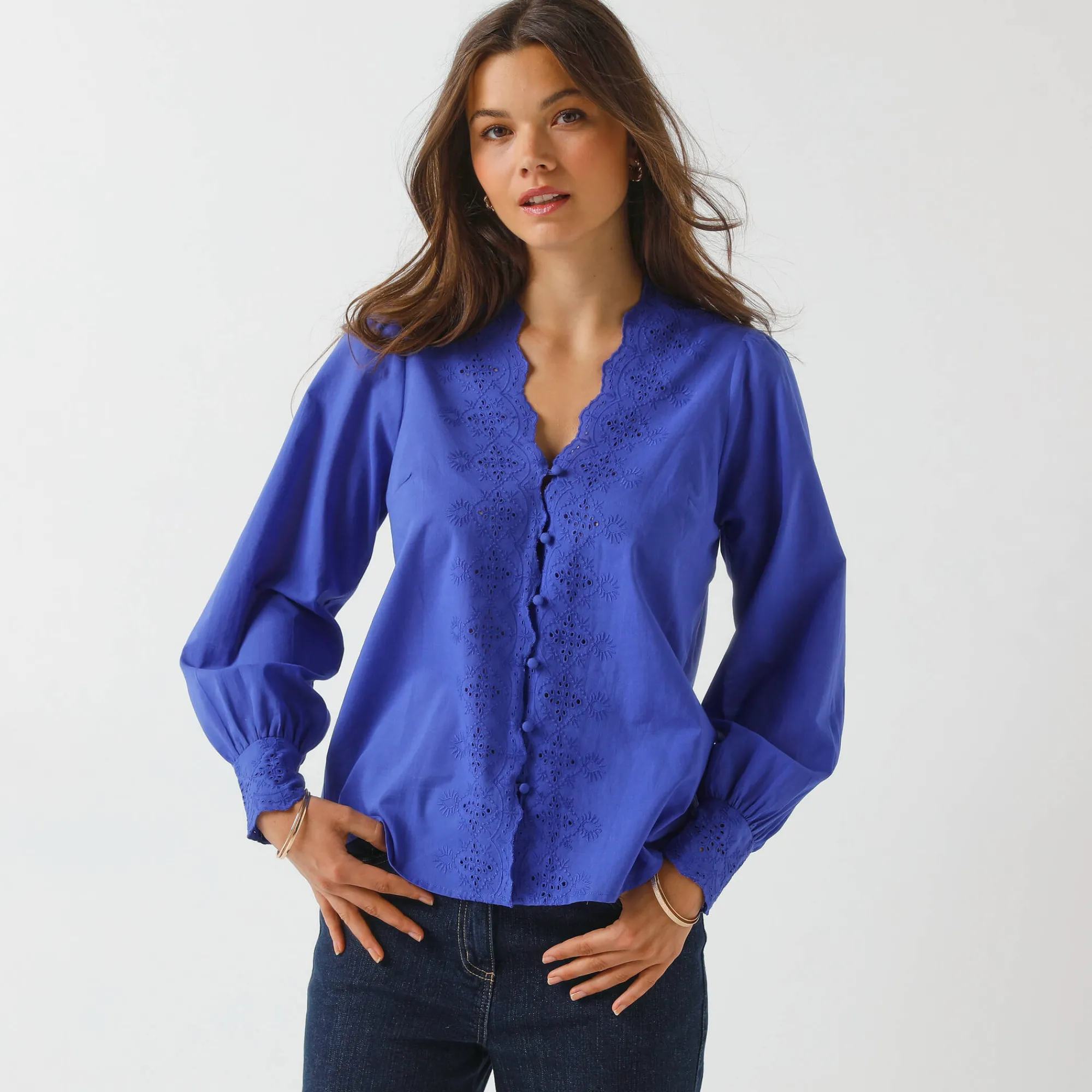 Bloes En Tuniek<Blancheporte Bloes met broderie anglaise, katoen felblauw