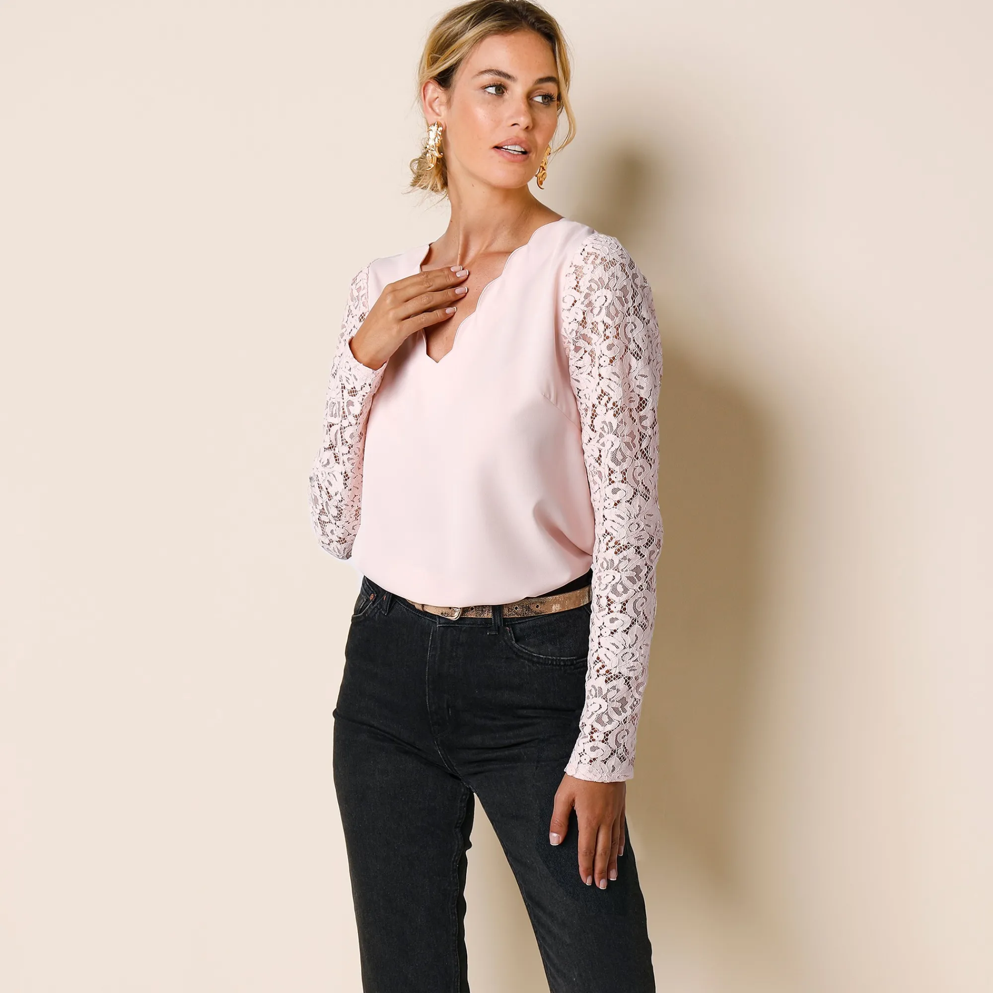 Feestoutfits Dames|Bloes En Tuniek<Blancheporte Bloes met festonrand achter poederroze