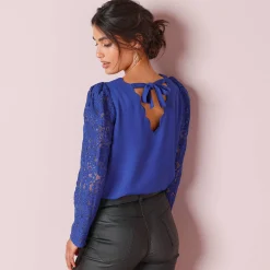 Feestoutfits Dames|Bloes En Tuniek<Blancheporte Bloes met festonrand achter blauw