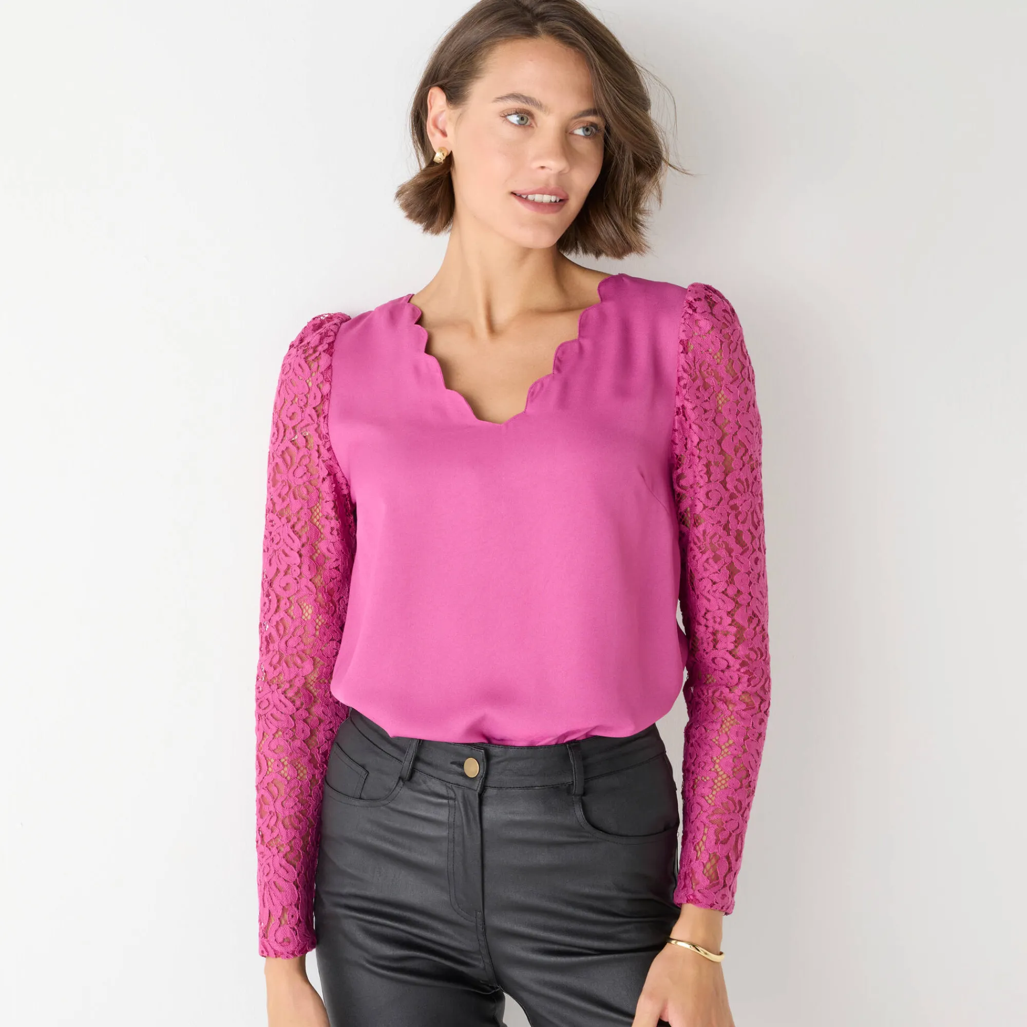 Feestoutfits Dames|Bloes En Tuniek<Blancheporte Bloes met festonrand achter grijsvioline