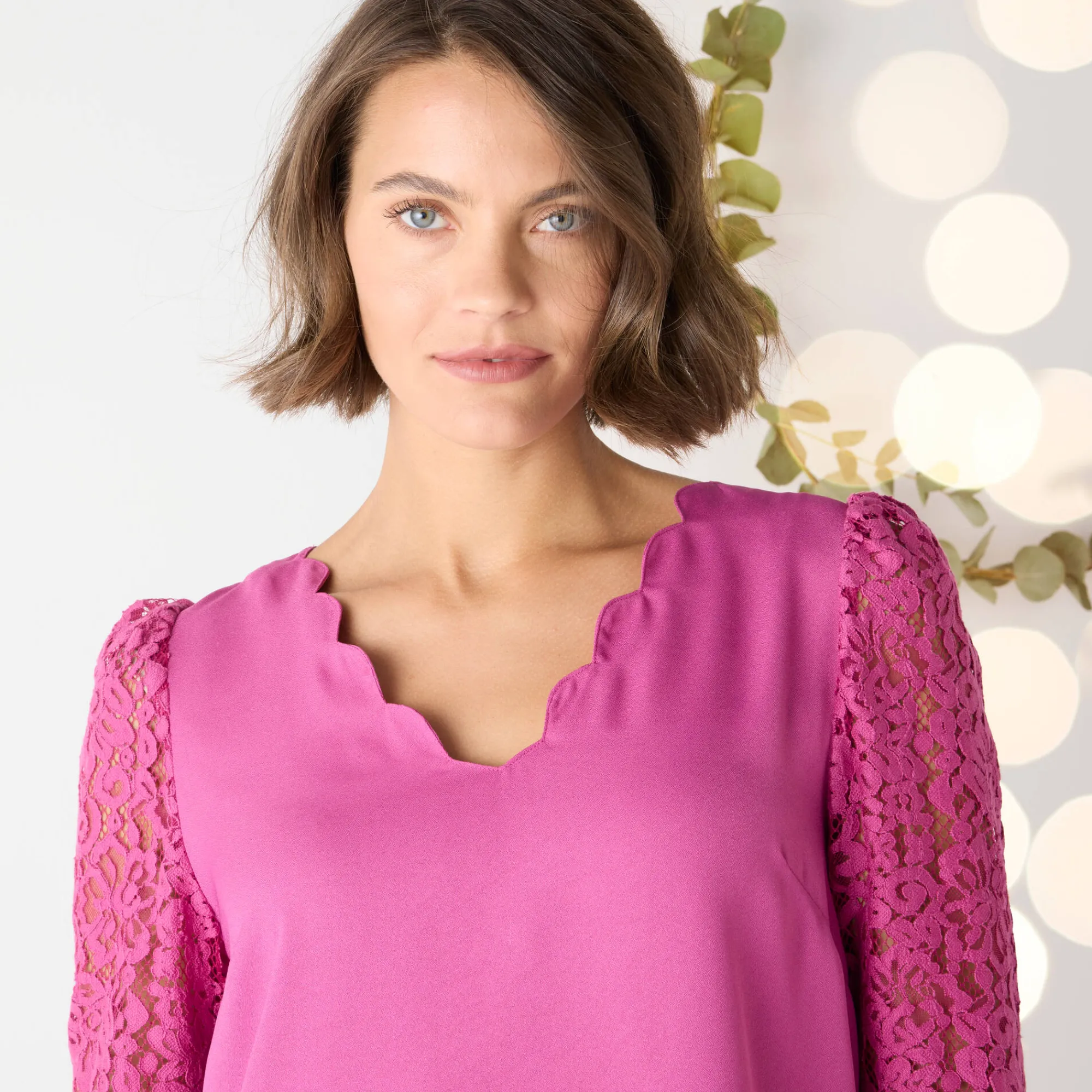 Feestoutfits Dames|Bloes En Tuniek<Blancheporte Bloes met festonrand achter grijsvioline