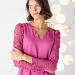 Feestoutfits Dames|Bloes En Tuniek<Blancheporte Bloes met festonrand achter grijsvioline