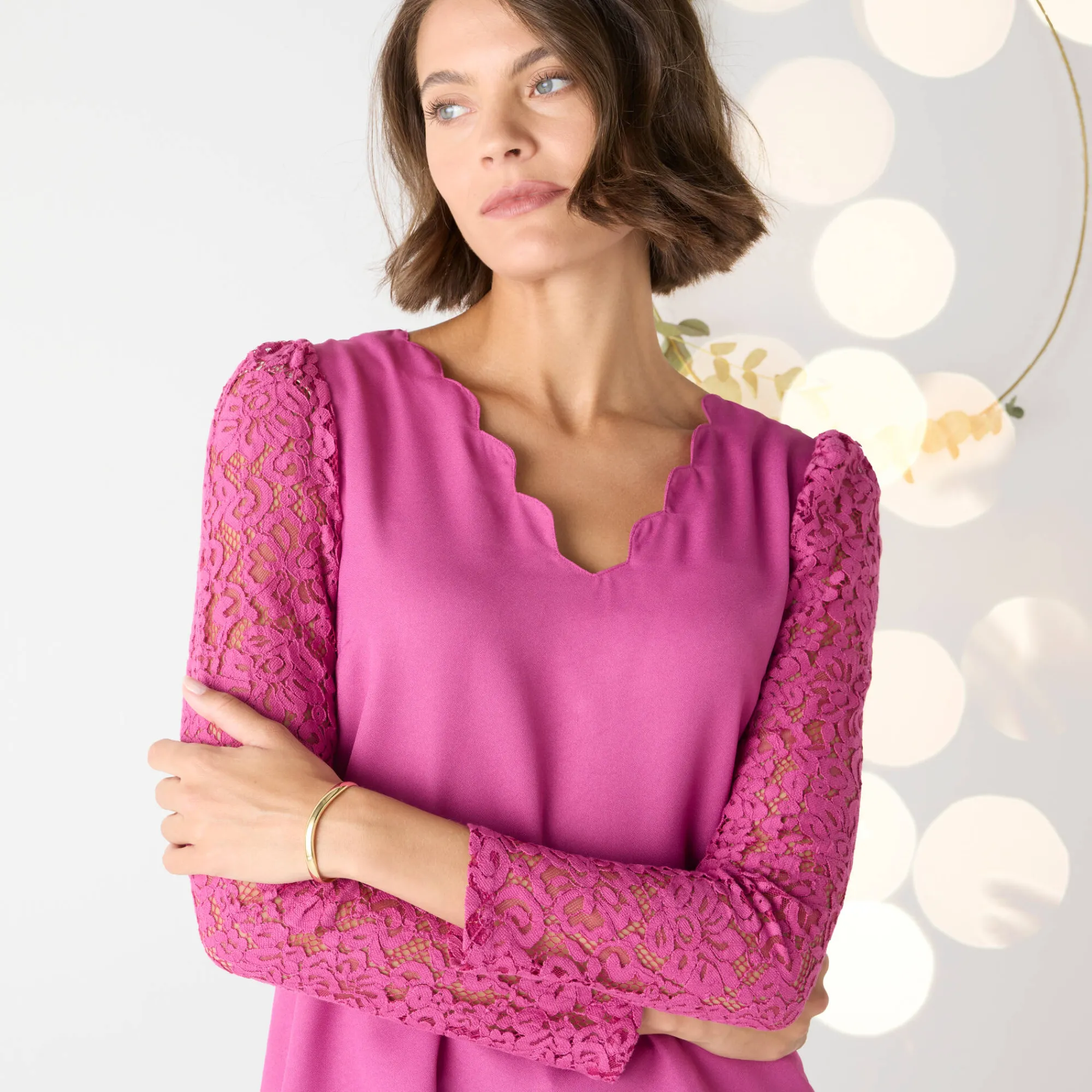 Feestoutfits Dames|Bloes En Tuniek<Blancheporte Bloes met festonrand achter grijsvioline
