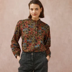 Bloes En Tuniek<Blancheporte Bloes met fronskraag, bloemenprint olijfgroen