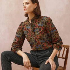 Bloes En Tuniek<Blancheporte Bloes met fronskraag, bloemenprint olijfgroen