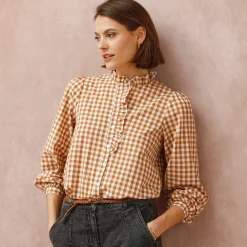 Bloes En Tuniek<Blancheporte Bloes met fronskraag, vichy hazelnootbruin / ecru
