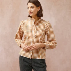 Bloes En Tuniek<Blancheporte Bloes met fronskraag, vichy hazelnootbruin / ecru