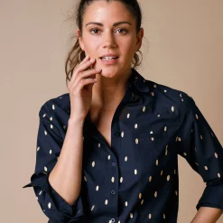 Feestoutfits Dames|Bloes En Tuniek<Blancheporte Bloes met goudkleurige print marine / goudkleurig