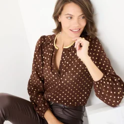 Feestoutfits Dames|Bloes En Tuniek<Blancheporte Bloes met goudkleurige stippenprint, in voile chocolade