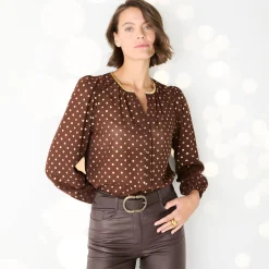 Feestoutfits Dames|Bloes En Tuniek<Blancheporte Bloes met goudkleurige stippenprint, in voile chocolade