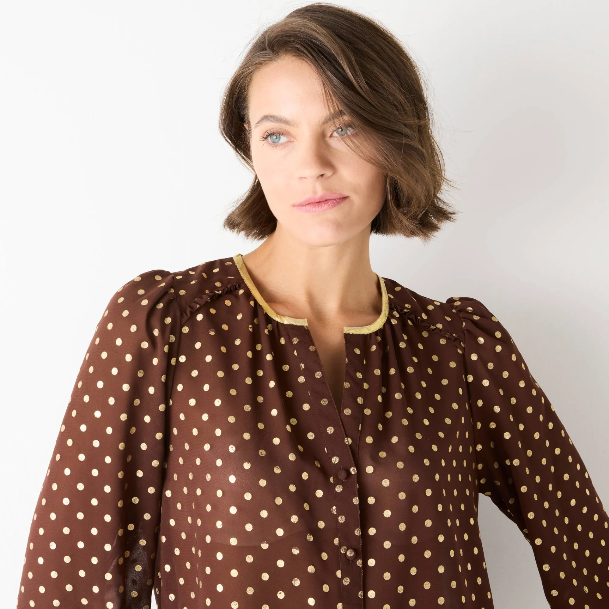 Feestoutfits Dames|Bloes En Tuniek<Blancheporte Bloes met goudkleurige stippenprint, in voile chocolade