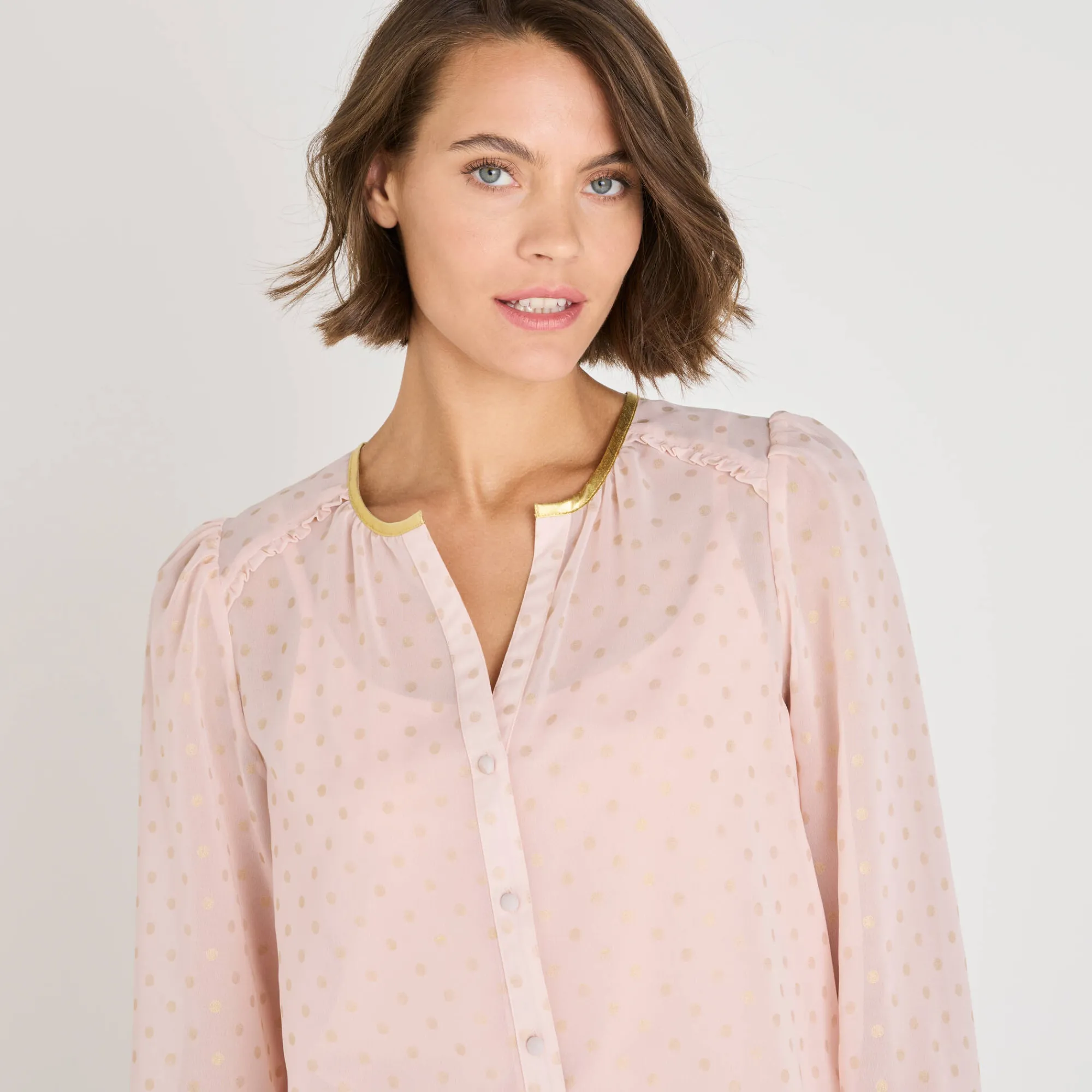 Feestoutfits Dames|Bloes En Tuniek<Blancheporte Bloes met goudkleurige stippenprint, in voile poederroze