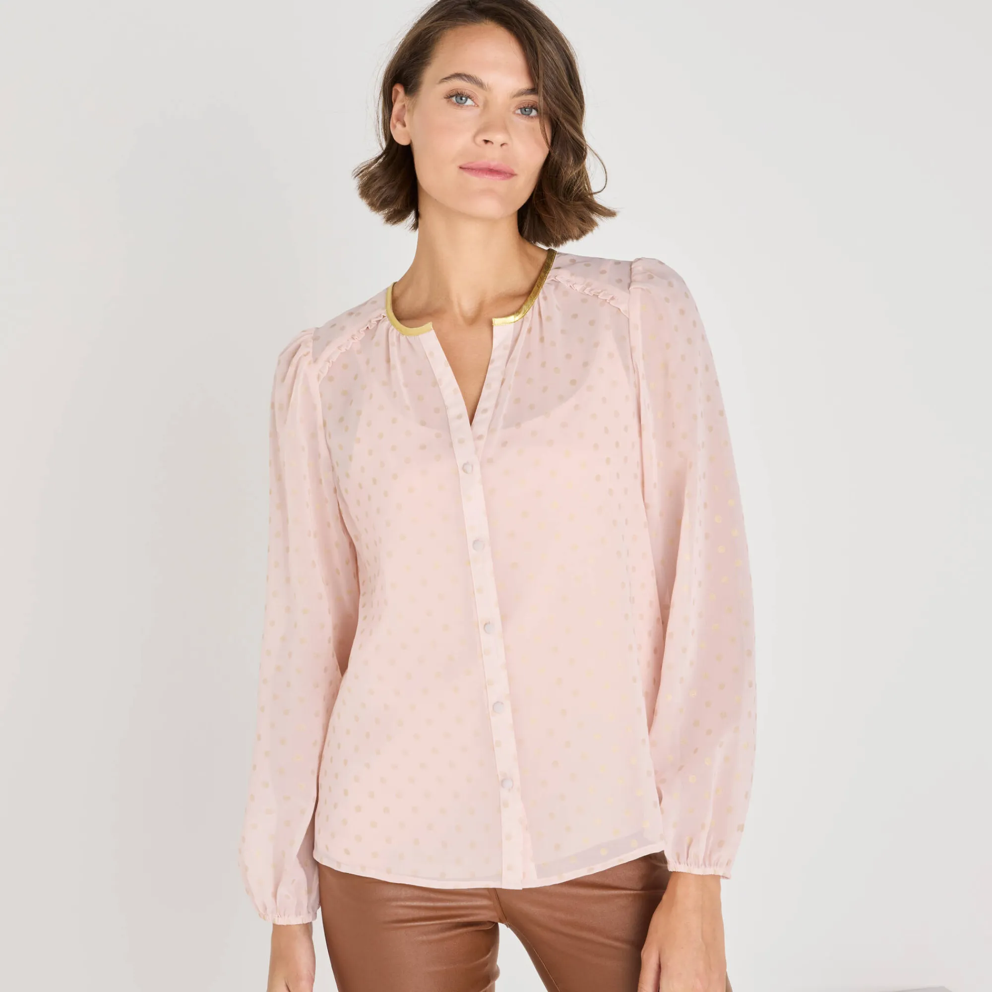 Feestoutfits Dames|Bloes En Tuniek<Blancheporte Bloes met goudkleurige stippenprint, in voile poederroze
