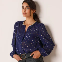 Feestoutfits Dames|Bloes En Tuniek<Blancheporte Bloes met goudkleurige stippenprint, in voile nachtblauw