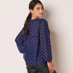 Feestoutfits Dames|Bloes En Tuniek<Blancheporte Bloes met goudkleurige stippenprint, in voile nachtblauw
