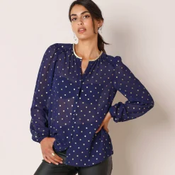 Feestoutfits Dames|Bloes En Tuniek<Blancheporte Bloes met goudkleurige stippenprint, in voile nachtblauw