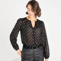 Feestoutfits Dames|Bloes En Tuniek<Blancheporte Bloes met goudkleurige stippenprint, in voile zwart
