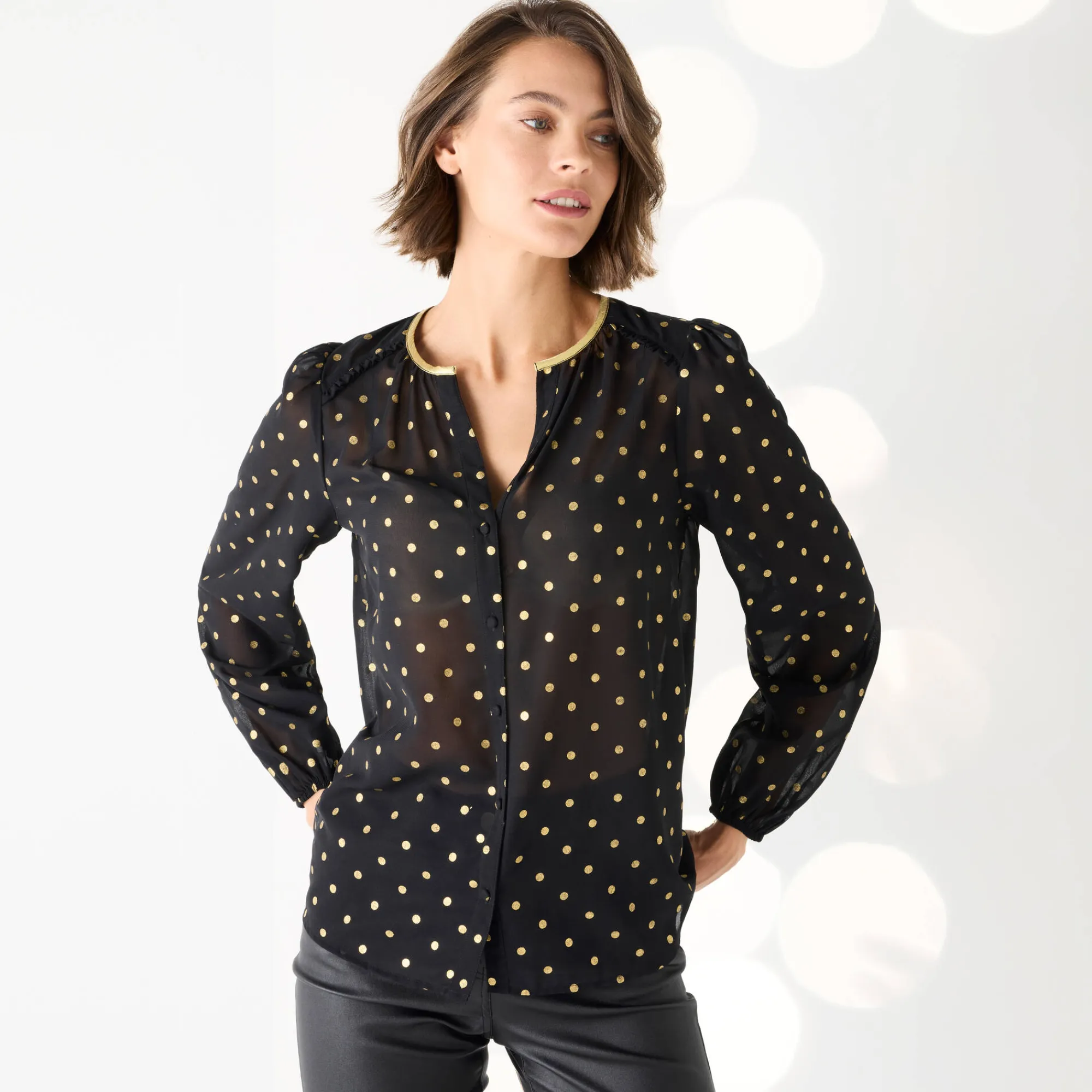 Feestoutfits Dames|Bloes En Tuniek<Blancheporte Bloes met goudkleurige stippenprint, in voile zwart