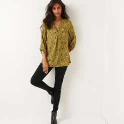 Bloes En Tuniek<Blancheporte Bloes met grafische print en Tunesische hals, crêpe olijfgroen / zwart