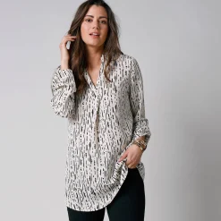 Bloes En Tuniek<Blancheporte Bloes met grafische print en Tunesische hals, crêpe ecru / zwart