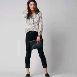 Bloes En Tuniek<Blancheporte Bloes met grafische print en Tunesische hals, crêpe ecru / zwart