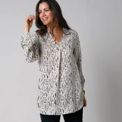 Bloes En Tuniek<Blancheporte Bloes met grafische print en Tunesische hals, crêpe ecru / zwart