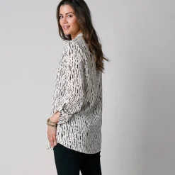 Bloes En Tuniek<Blancheporte Bloes met grafische print en Tunesische hals, crêpe ecru / zwart