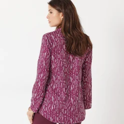 Bloes En Tuniek<Blancheporte Bloes met grafische print en Tunesische hals, crêpe pruim / wit