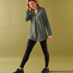 Bloes En Tuniek<Blancheporte Bloes met grafische print en Tunesische hals, crêpe kaki / zwart