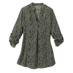 Bloes En Tuniek<Blancheporte Bloes met grafische print en Tunesische hals, crêpe kaki / zwart