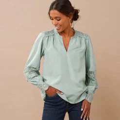 Bloes En Tuniek<Blancheporte Bloes met kant en lange, bloezende mouwen grijsgroen