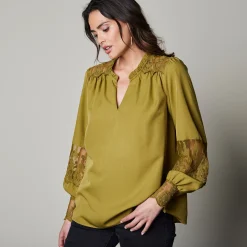 Bloes En Tuniek<Blancheporte Bloes met kant en lange, bloezende mouwen mosgroen