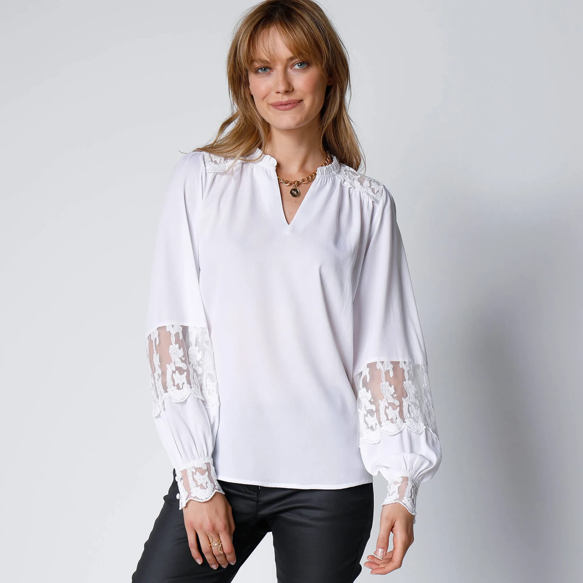 Feestoutfits Dames|Bloes En Tuniek<Blancheporte Bloes met kant en lange, bloezende mouwen gebroken wit