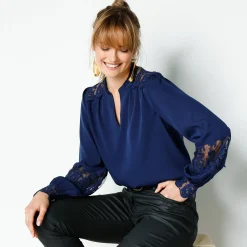 Feestoutfits Dames|Bloes En Tuniek<Blancheporte Bloes met kant en lange, bloezende mouwen nachtblauw