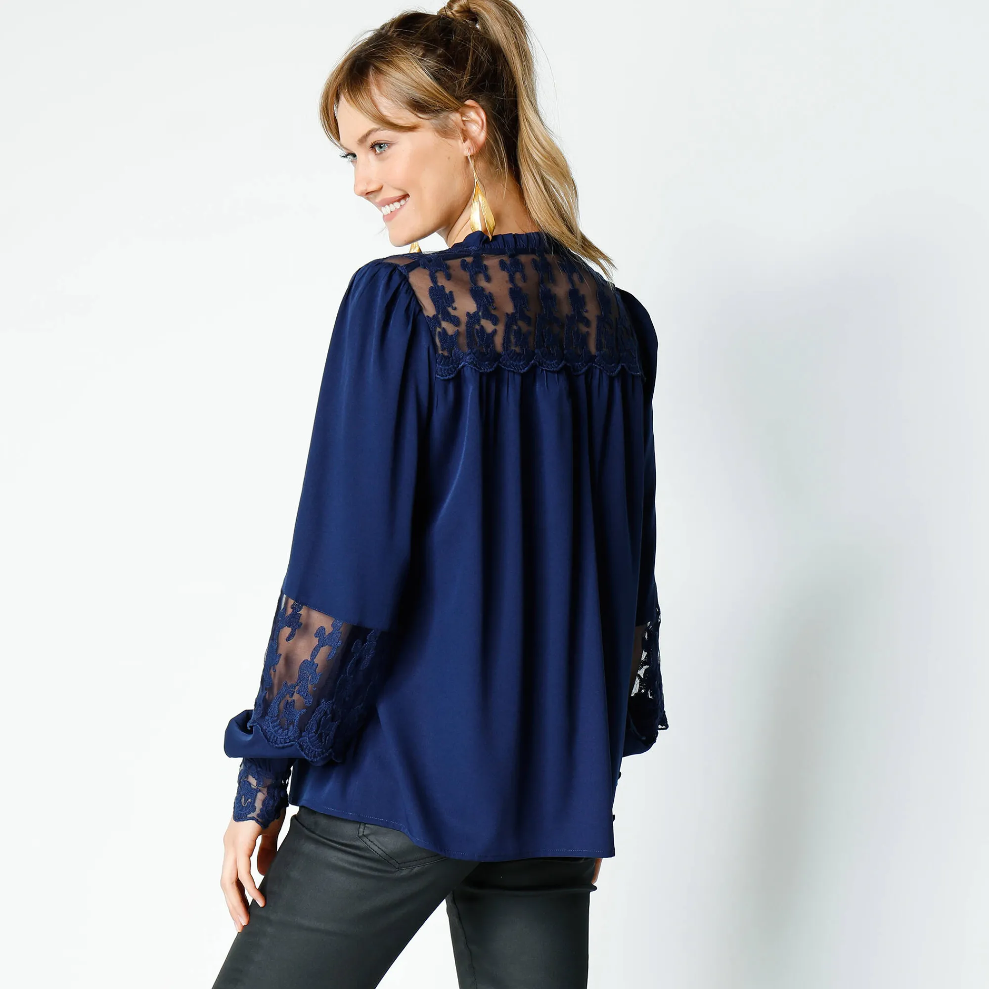 Feestoutfits Dames|Bloes En Tuniek<Blancheporte Bloes met kant en lange, bloezende mouwen nachtblauw