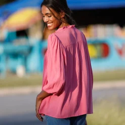 Bloes En Tuniek<Blancheporte Bloes met knoopsluiting en macramé, kraagje met stroken roze