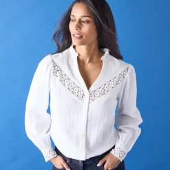 Bloes En Tuniek<Blancheporte Bloes met knoopsluiting en macramé, katoengaas wit