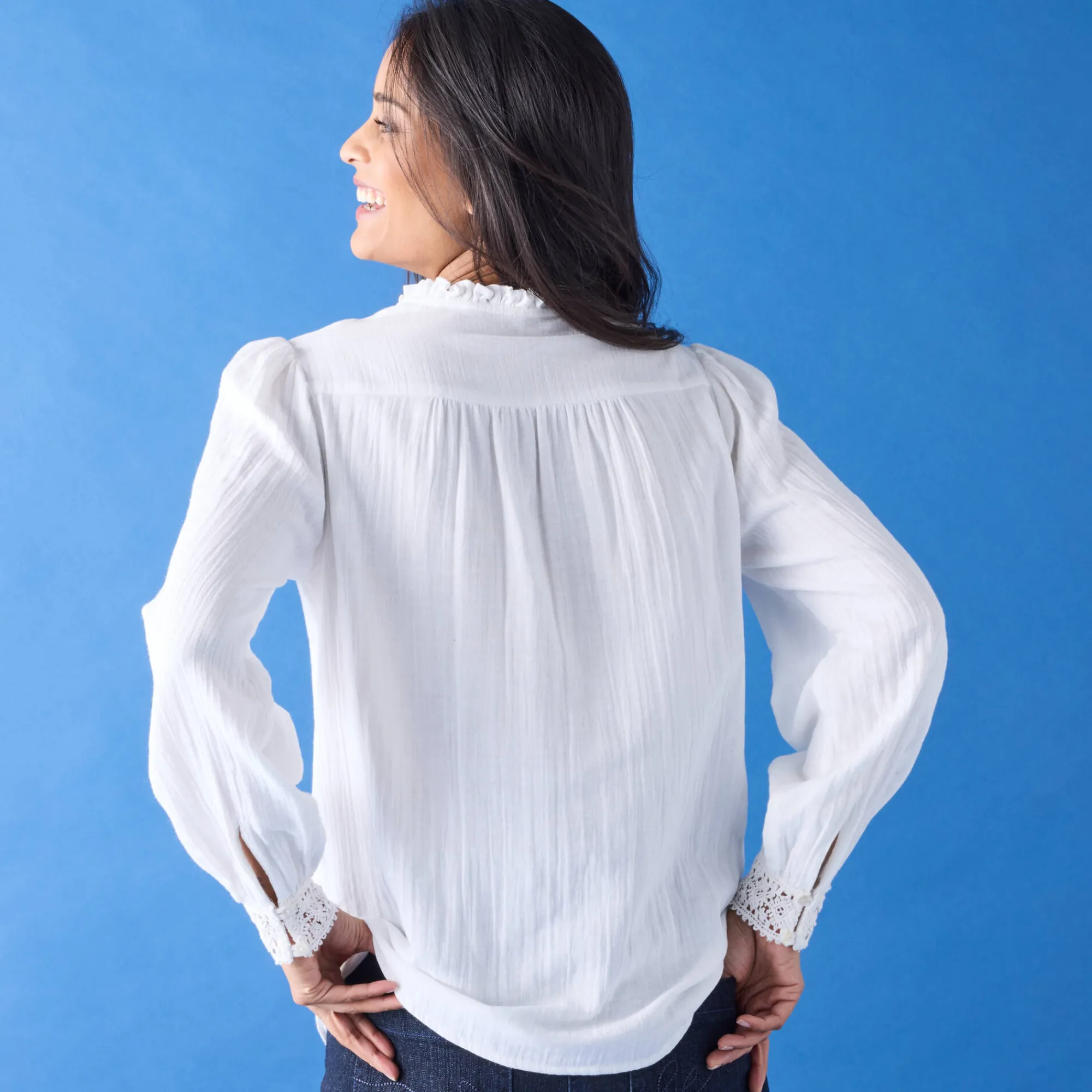 Bloes En Tuniek<Blancheporte Bloes met knoopsluiting en macramé, katoengaas wit