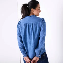 Bloes En Tuniek<Blancheporte Bloes met knoopsluiting en macramé, katoengaas indigo