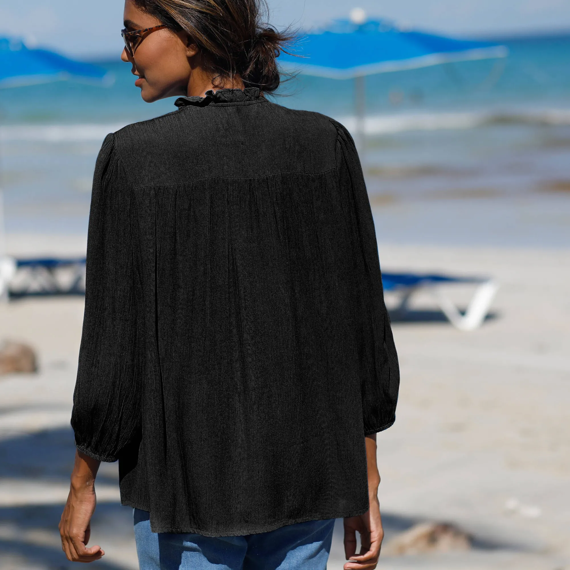 Bloes En Tuniek<Blancheporte Bloes met knoopsluiting en macramé, kraagje met stroken zwart