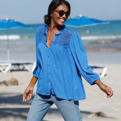 Bloes En Tuniek<Blancheporte Bloes met knoopsluiting en macramé, kraagje met stroken blauw