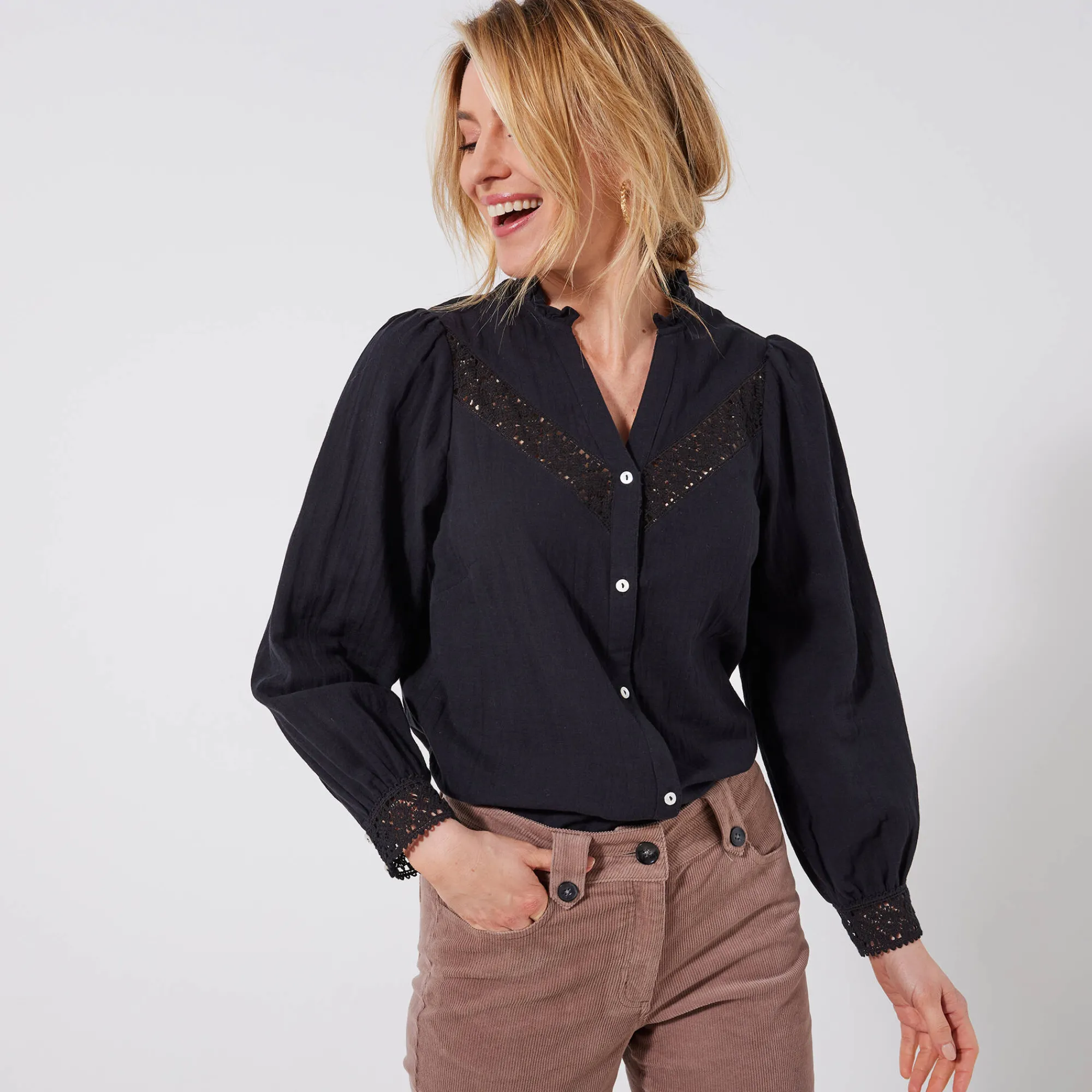Feestoutfits Dames|Bloes En Tuniek<Blancheporte Bloes met knoopsluiting en macramé, katoengaas zwart
